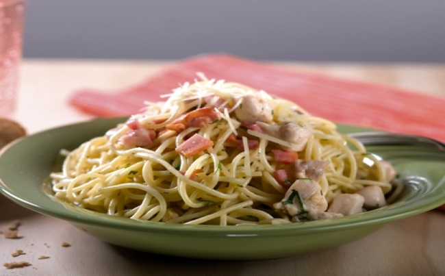 Espaguetis a la carbonara con pollo
